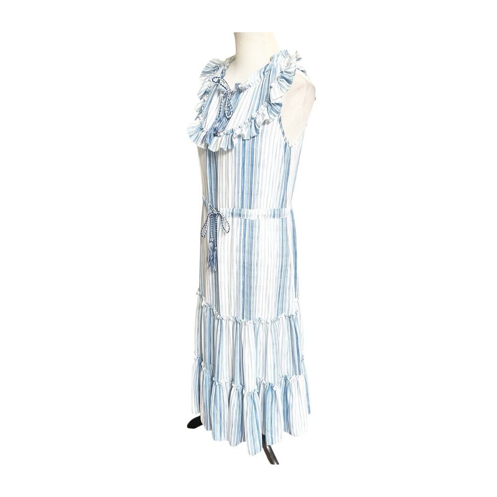 MISA Los Angeles Medium Aleja Stripe Print Linen Midi Dress White Blue Tassel - Picture 4 of 9